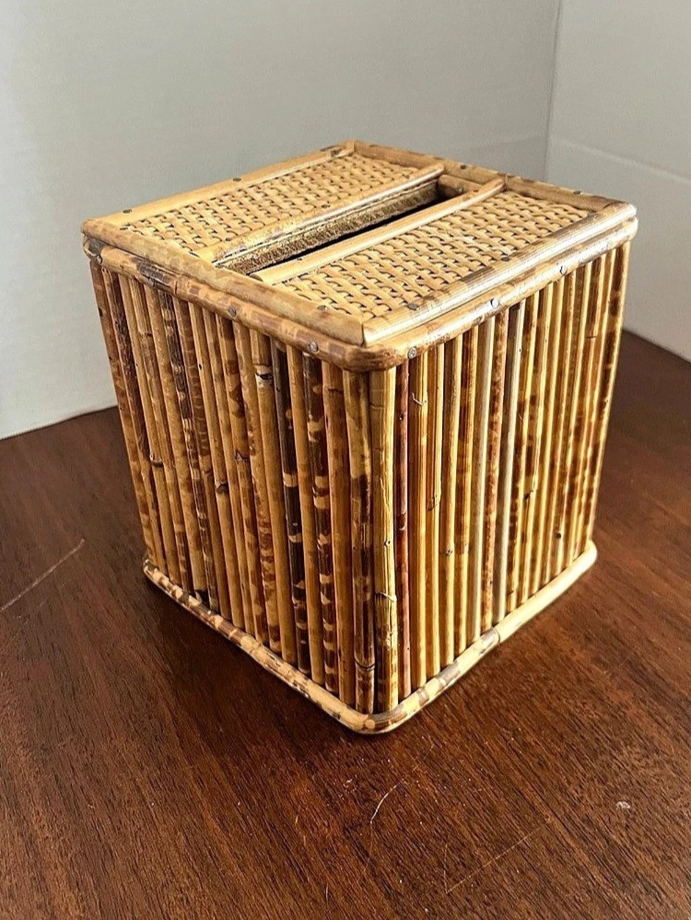 Vintage Tortoise Bamboo Tissue Box Cover | Woven Rattan Top (Made in Hong Kong)